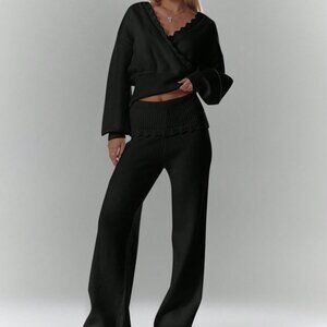 Black Casual Women's Wide Leg Rib Knit Trousers with Crochet Detail